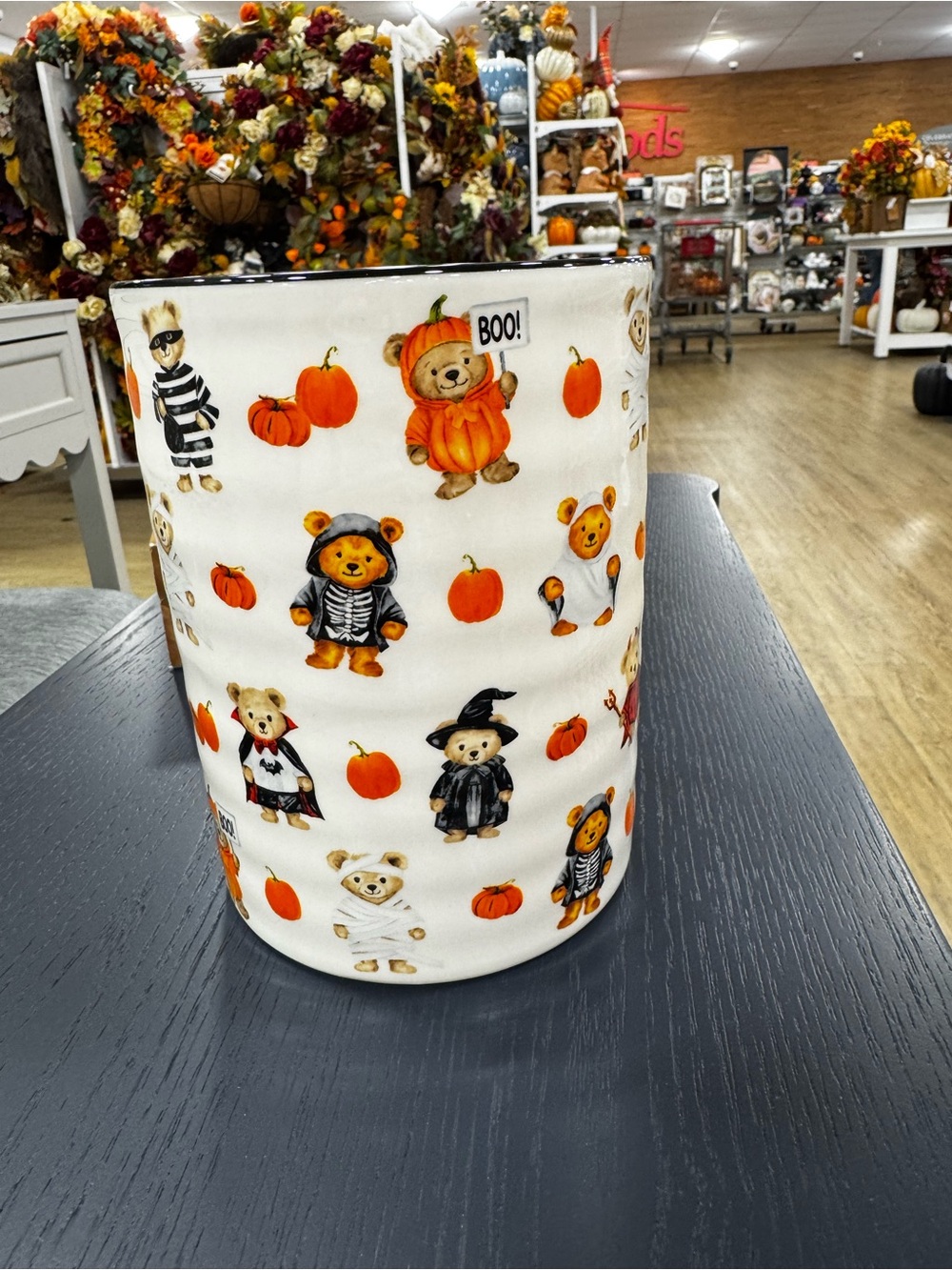 Halloween Teddy Pumpkin Ceramic Utensil Holder - White and Orange